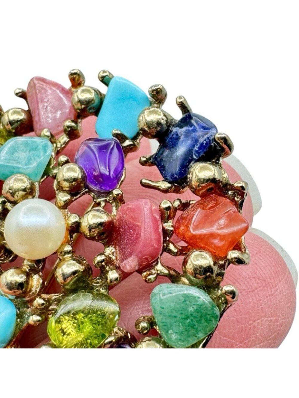 Vintage Multicolor Gemstone Chip Cluster Brooch 70s BOHO Gold Tone Cast Setting - Picture 8 of 16